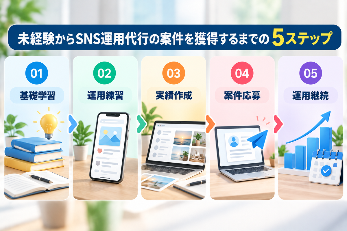 未経験からSNS運用代行の案件を獲得するまでの5ステップ(基礎学習→運用練習→実績作成→案件応募→運用継続)を示すフロー図